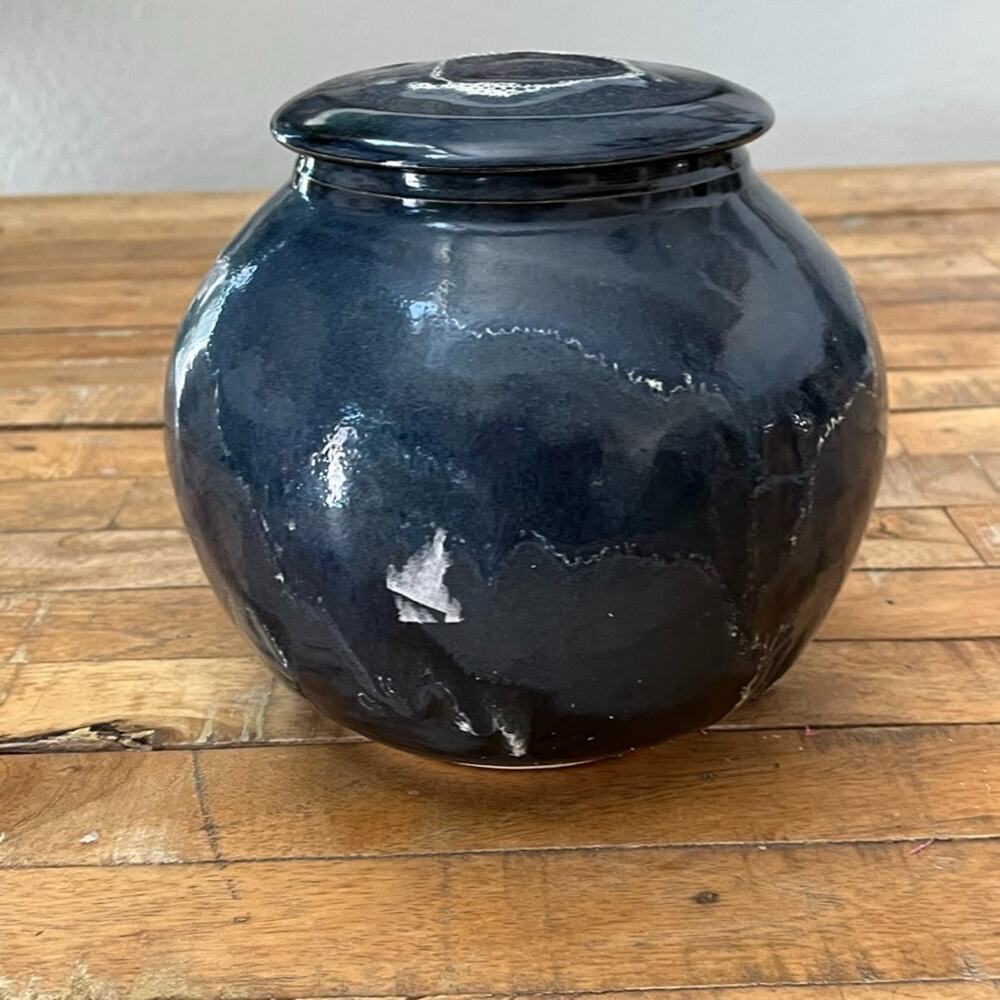 Art Pottery Lidded Ceramic Urn Vessel 7" Blue Glaze White Marbling Signed 1999